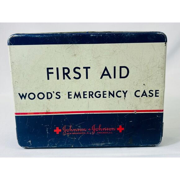 Antique Johnson & Johnson First Aid Wood's Emergency Case Metal Supplies TIN - Picture 1 of 9